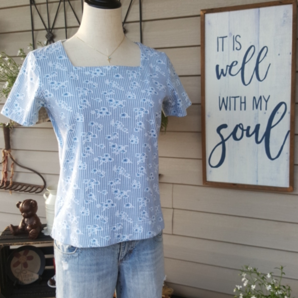 LIZ CLAIBORNE ♡ Sweet Vintage Blue|White Floral Box Pattern Short Sleeve Top SP